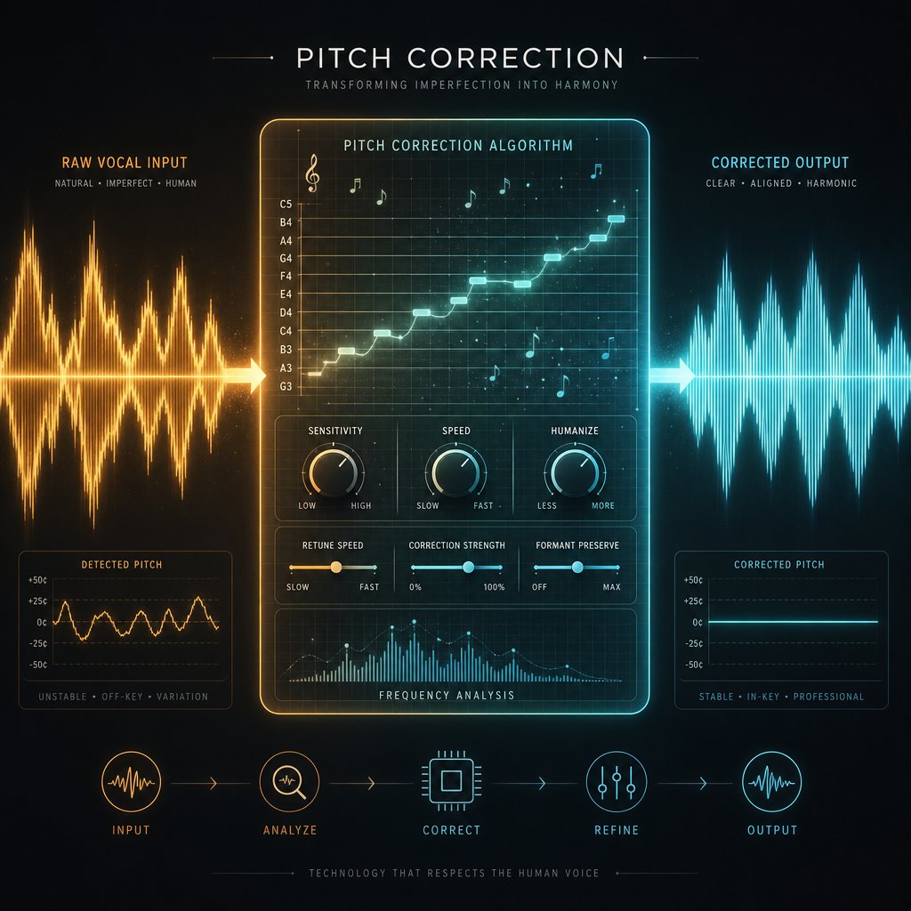 pitch correction algorithms detect vocal frequency compare it to target notes and shift the pitch in real time
