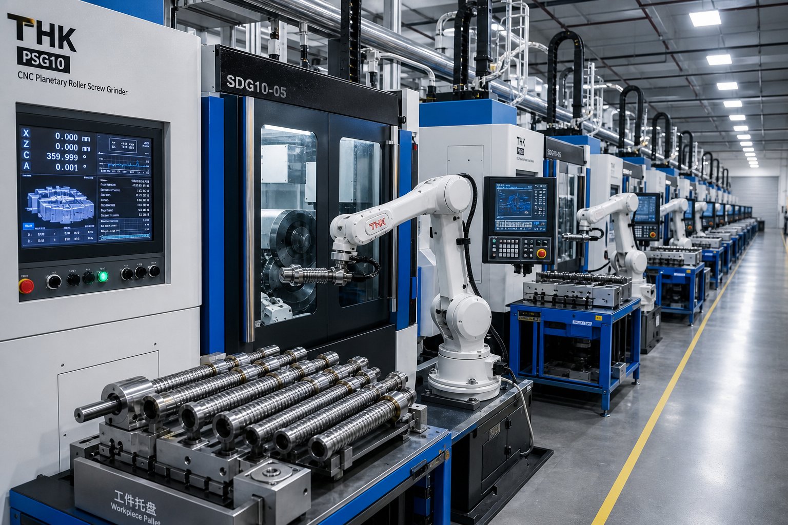 automated production line for high volume planetary roller screw manufacturing featuring cnc grinding stations with robotic loading systems