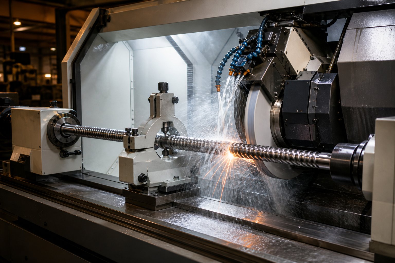 cnc grinding of a slender planetary roller screw shaft supported by a steady rest to maintain concentricity at tight micrometer level tolerances
