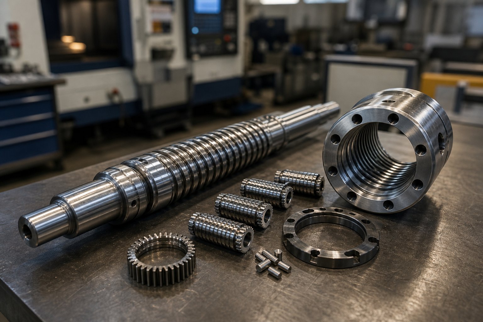 disassembled planetary roller screw showing the screw shaft threaded planetary rollers nut and ring gears that require micrometer level manufacturing precision