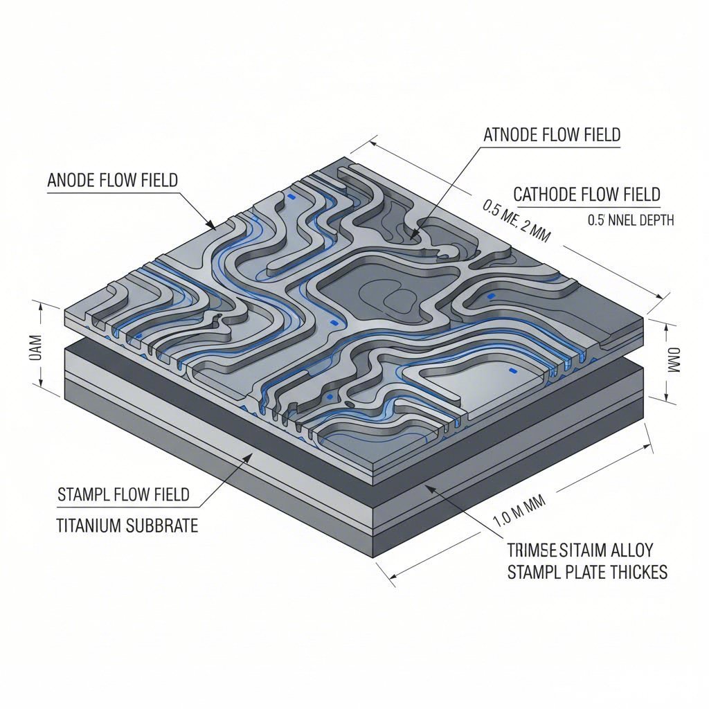 Cross section diagram of a stamped titanium bipolar plate showing intricate flow channels