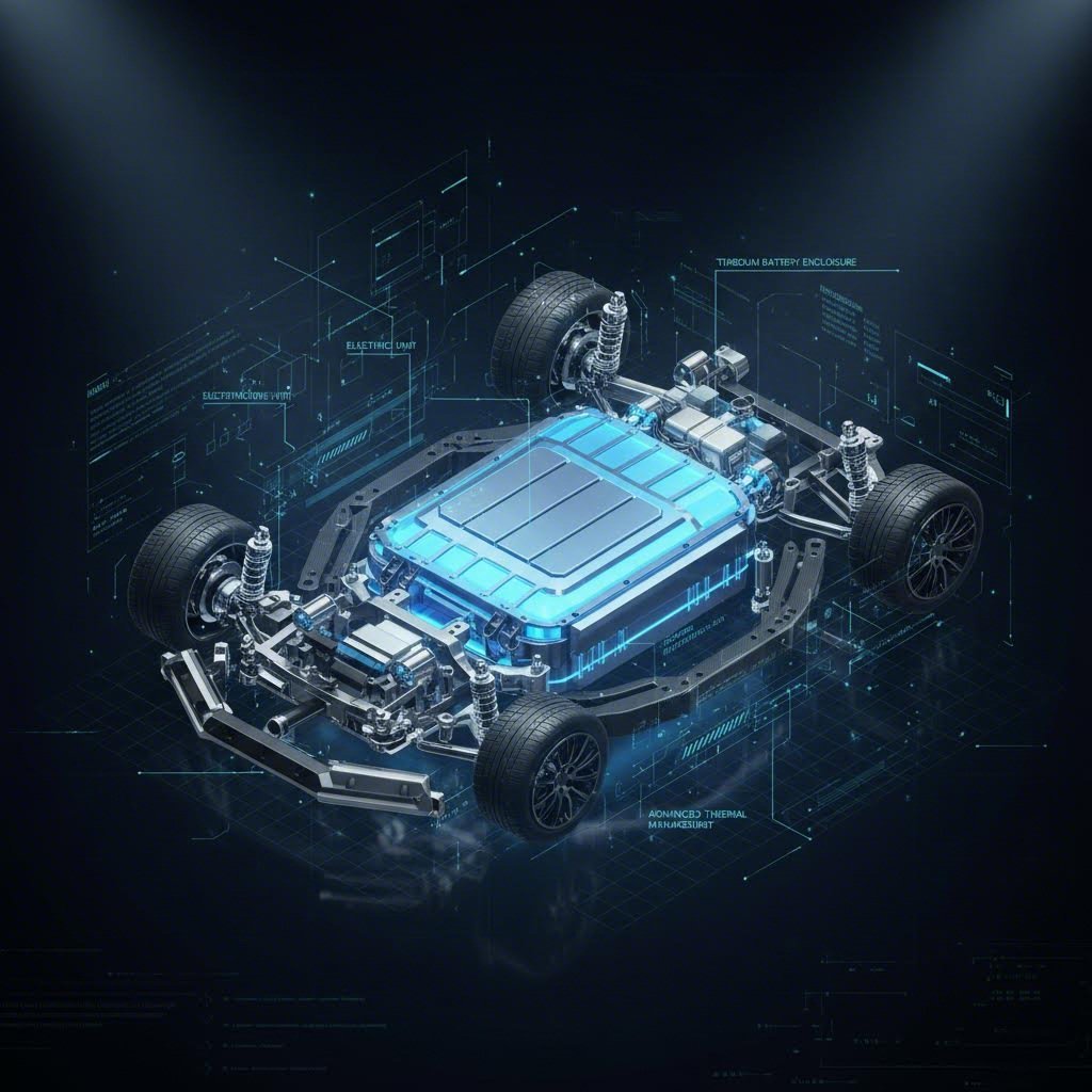 Isometric view of EV chassis highlighting stamped titanium battery enclosures and heat shields