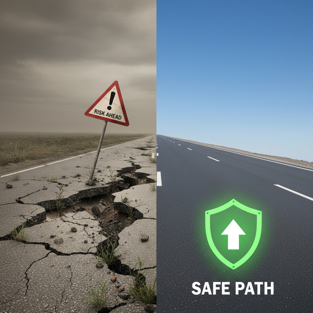 an illustration comparing the unsafe path of repair versus the safe path of replacement