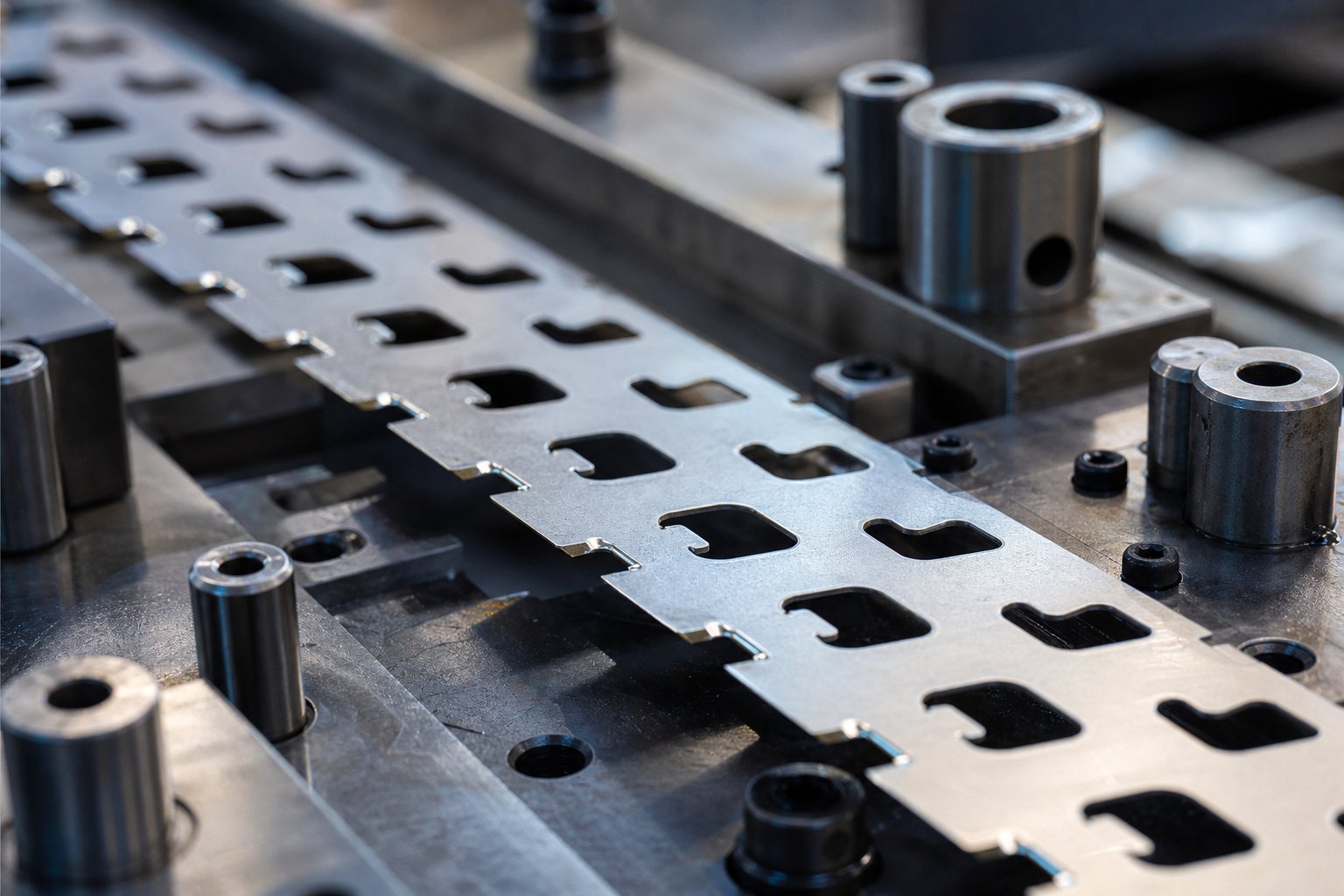 info-1-1 bypass notches in a progressive die carrier strip provide critical clearance for interference free strip feeding through multiple stations