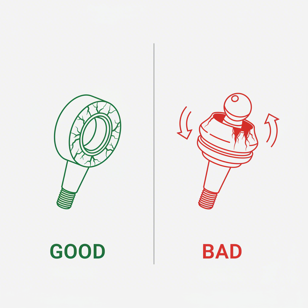 diagram showing the difference between healthy and worn control arm bushings and ball joints