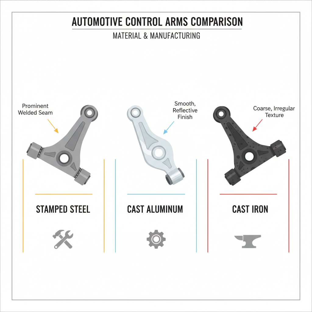 visual comparison of stamped steel cast aluminum and cast iron control arms