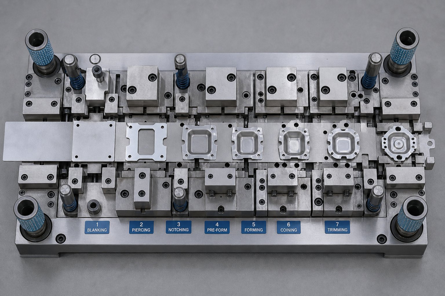info-1-1 a progressive stamping die showing multiple stations that sequentially cut and form parts from a continuous metal strip
