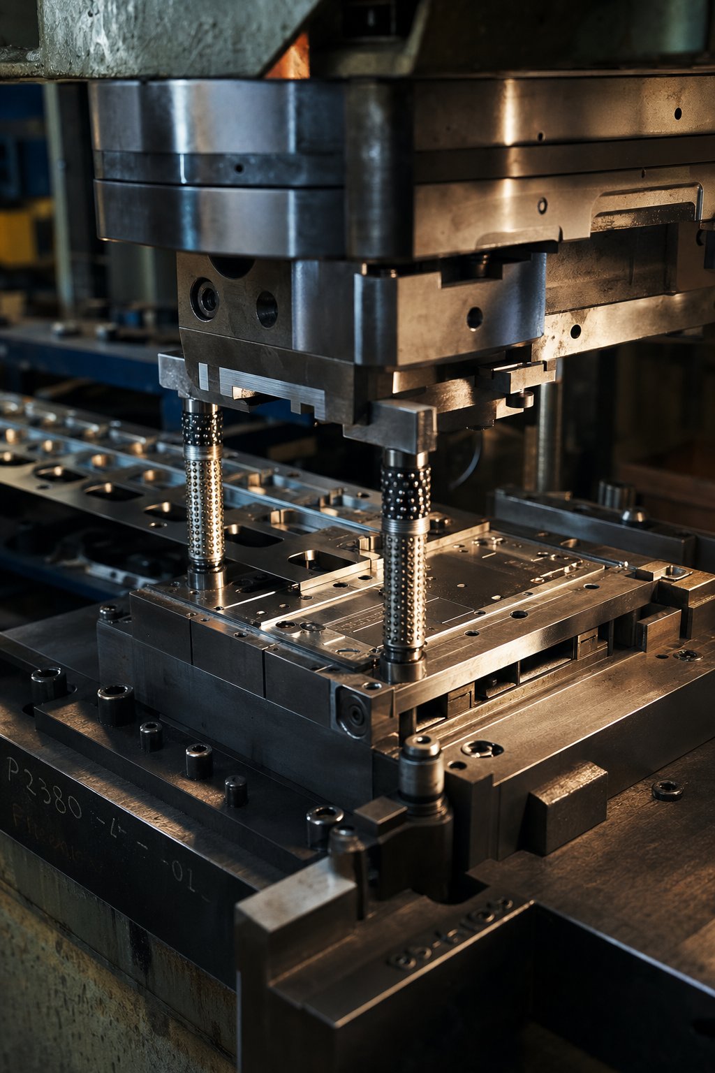 info-1-1 a stamping die set in action shaping sheet metal into precision components through coordinated punch and die interaction