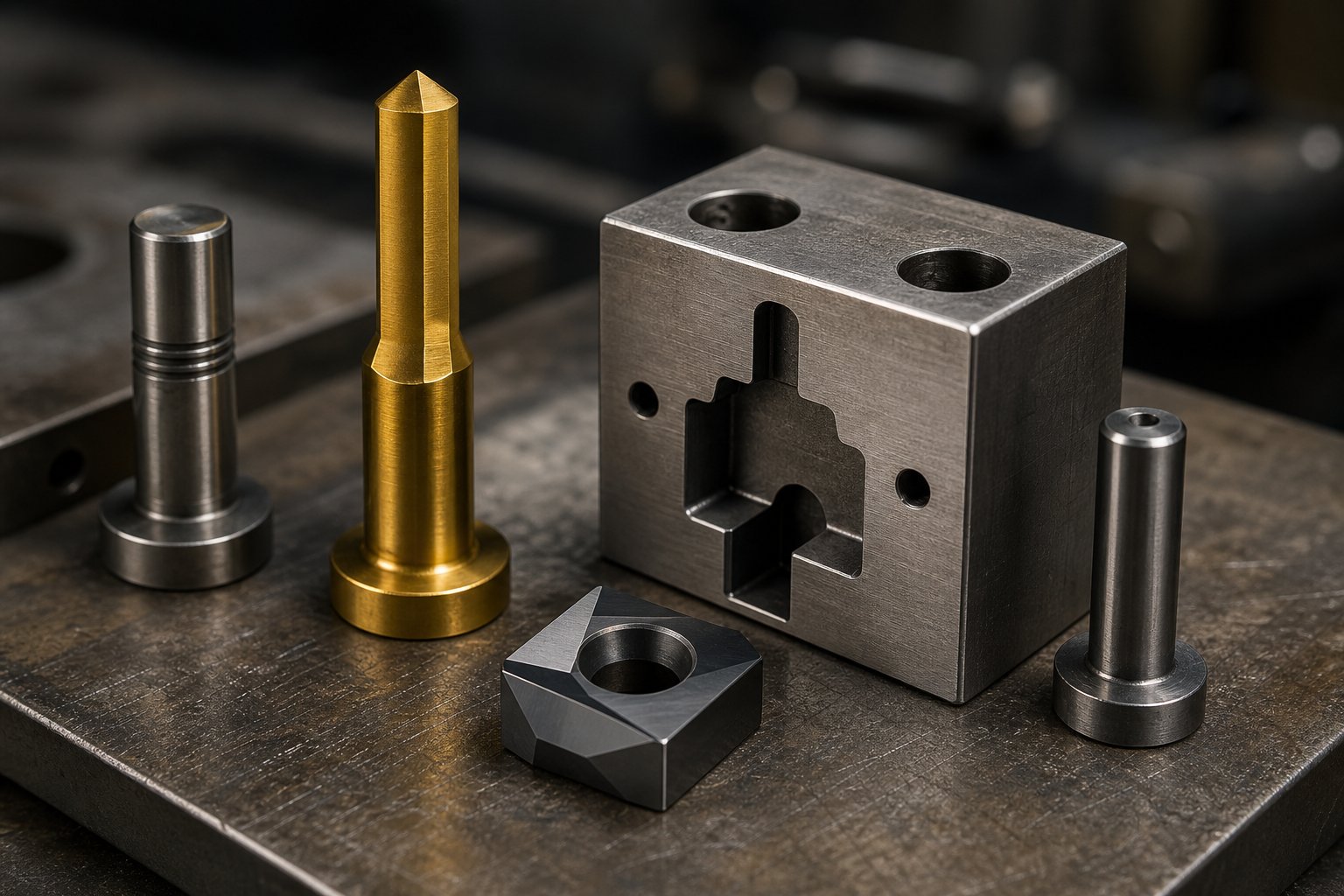info-1-1 tool steel die components including coated punches and carbide inserts each selected for specific wear resistance and toughness requirements