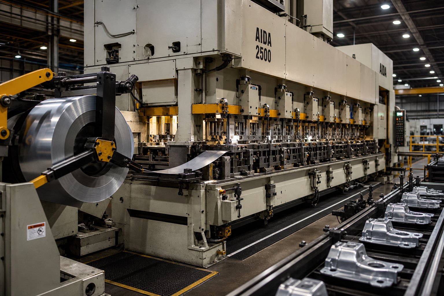 progressive die stamping press producing truck brackets from continuous steel strip through multiple forming stations