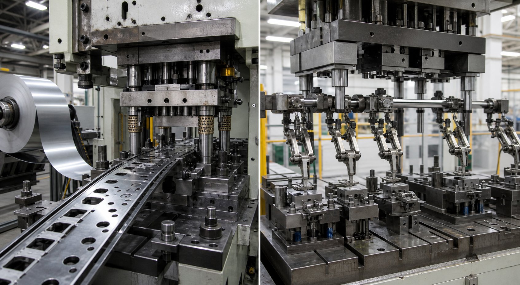 progressive die with continuous strip feed compared to transfer die with mechanical blank handling for larger truck parts