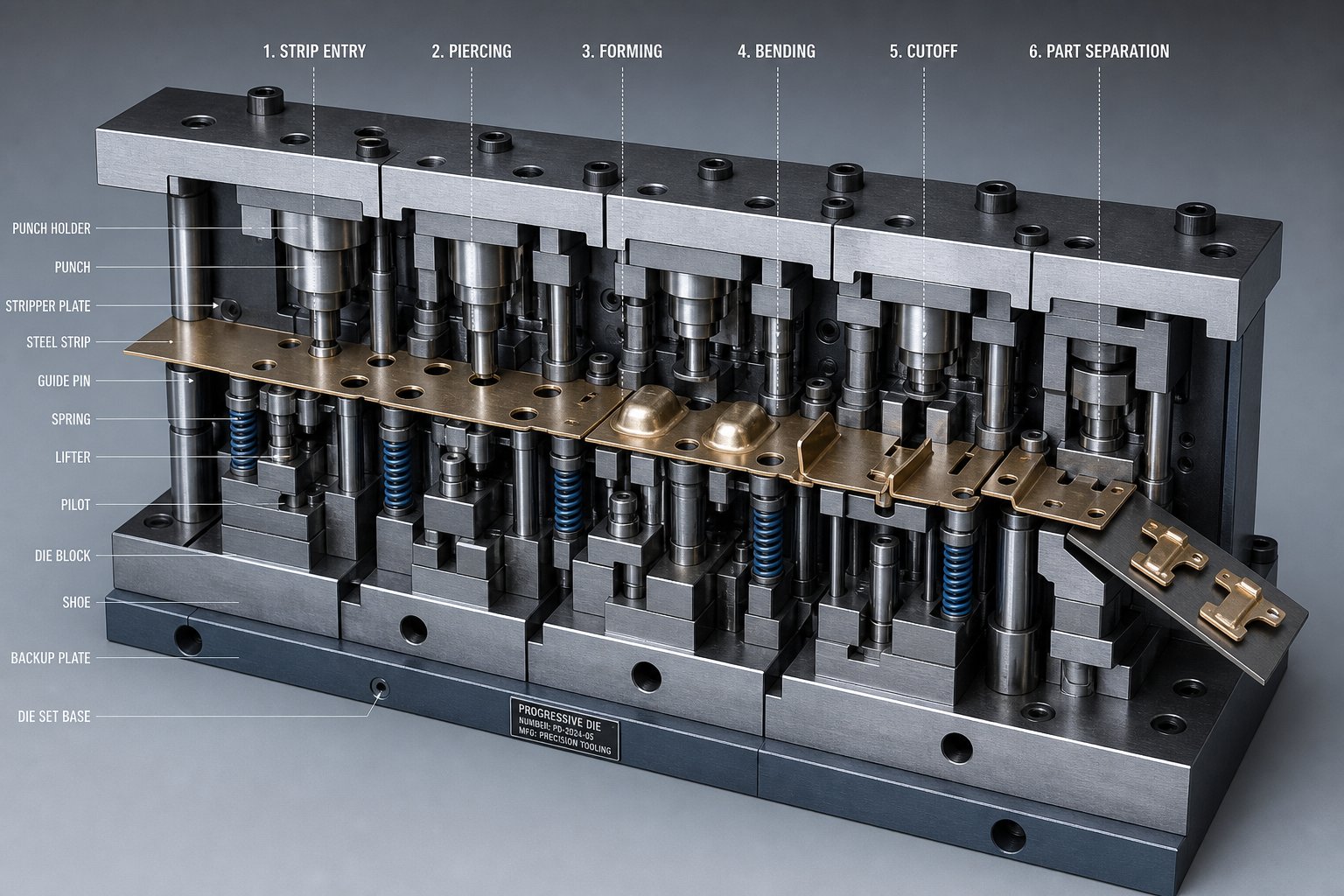 sequential stations inside a progressive die transform flat steel strip into a finished truck bracket in one continuous pass