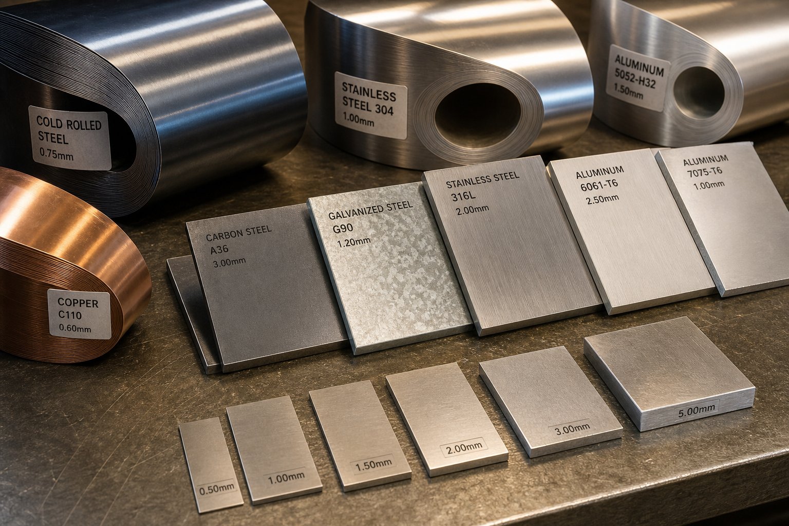 steel and aluminum material samples representing the range of alloys used in progressive die stamping for truck components
