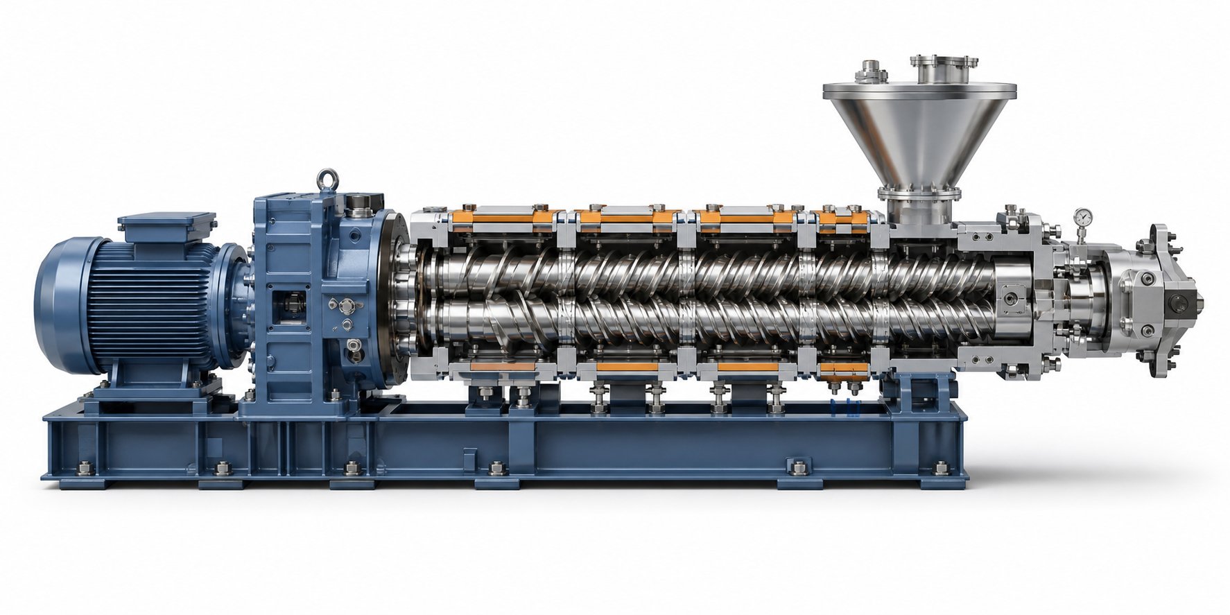 cutaway view of a twin screw extruder showing the complete system from motor drive to die assembly