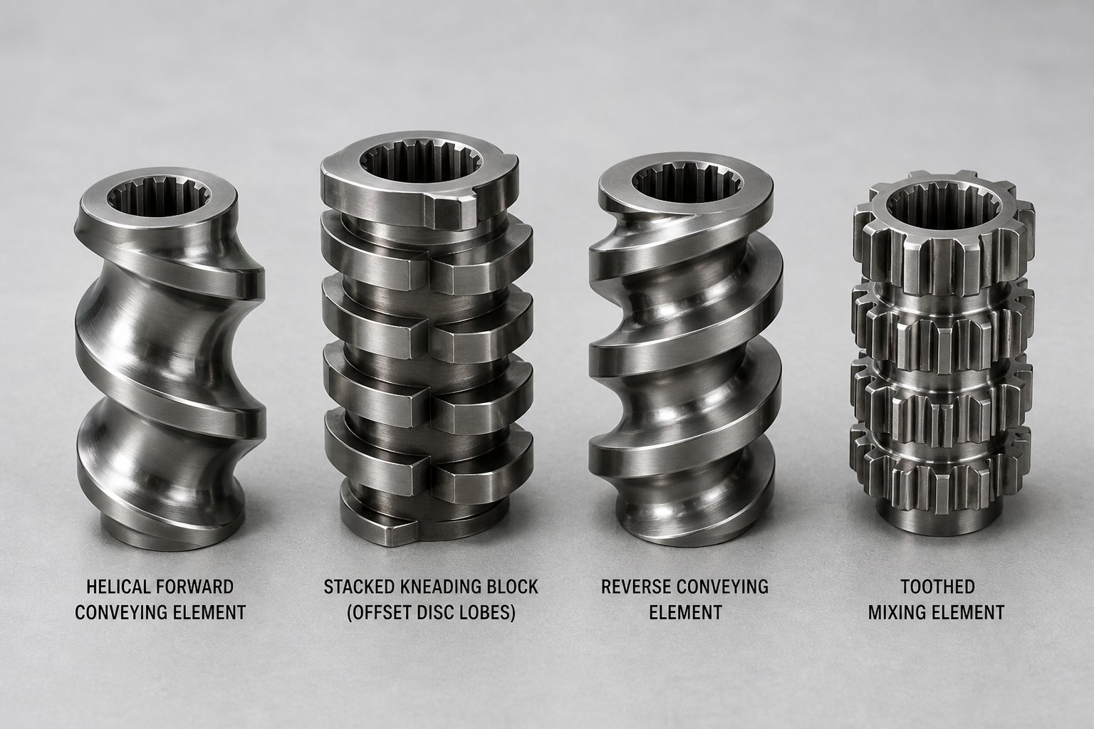 individual twin screw element types including conveying elements kneading blocks and mixing elements