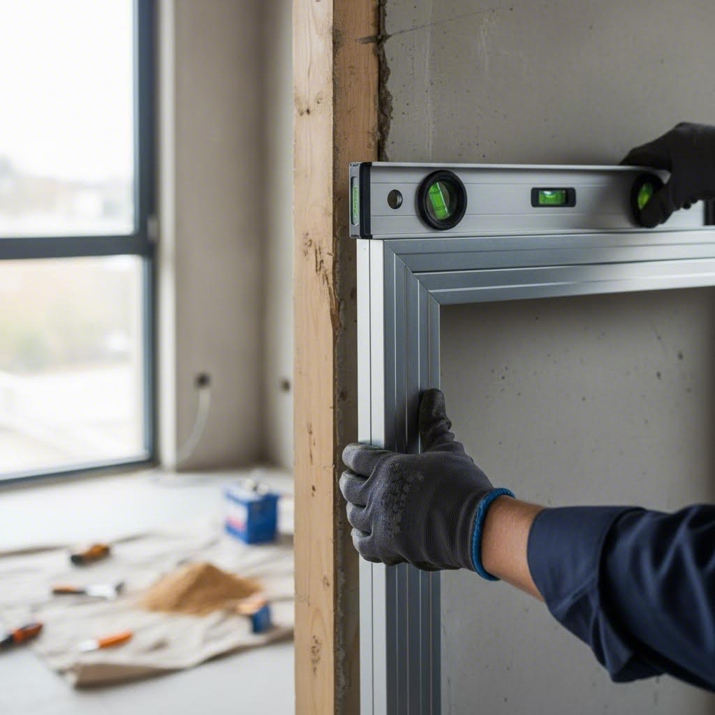 proper aluminum door frame installation with level verification for precise alignment