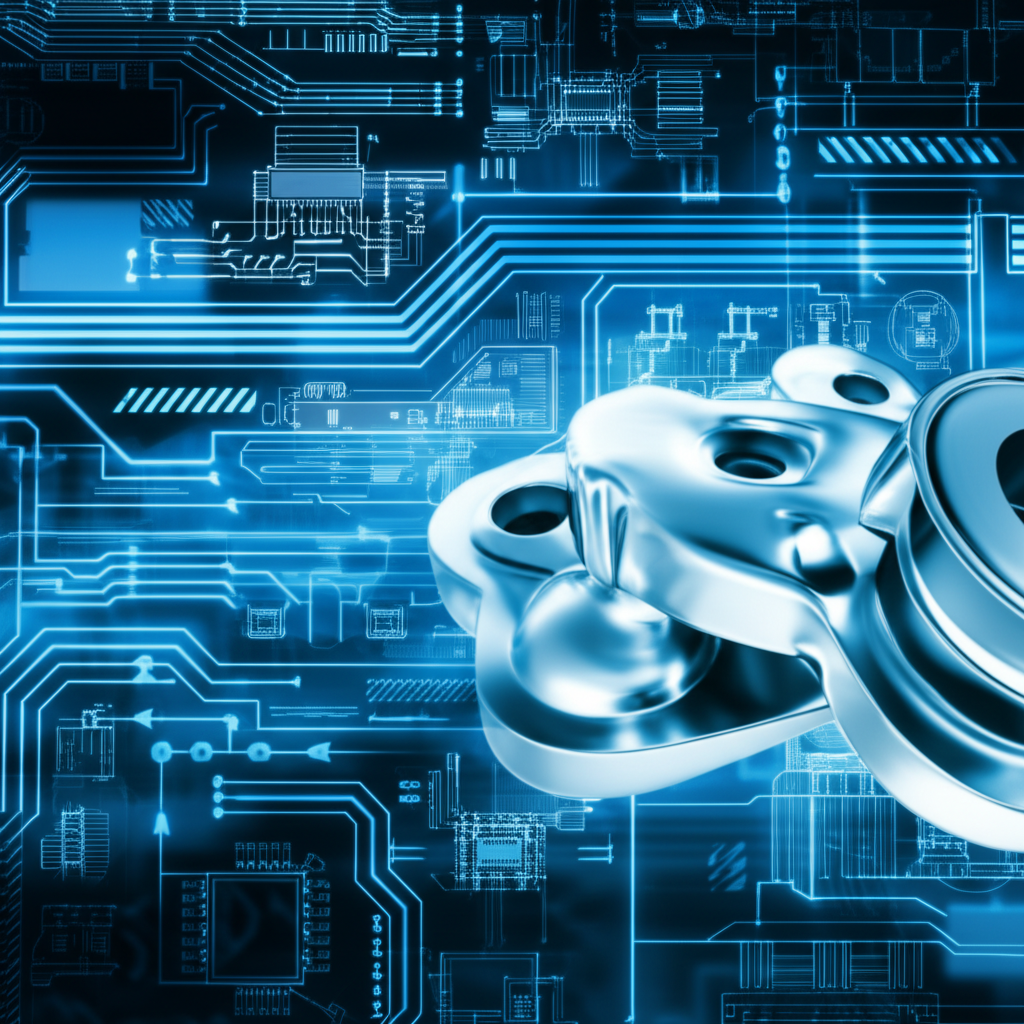 conceptual art of a technical blueprint transforming into a solid forged component