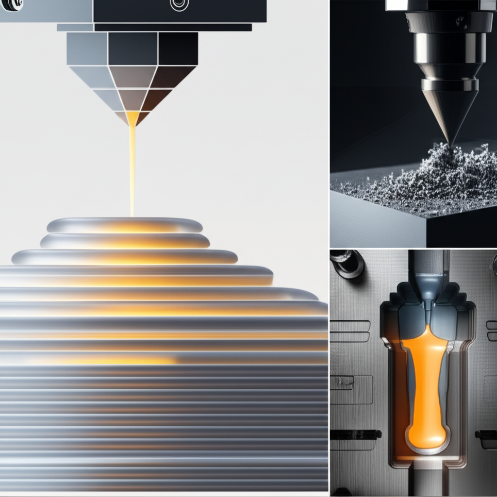 infographic showing 3d printing cnc machining and injection molding processes