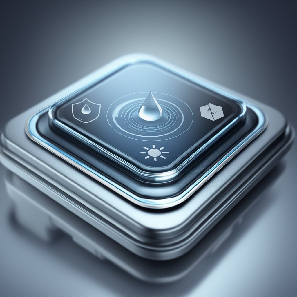 technical illustration of a multi layered sensor housing material designed for durability