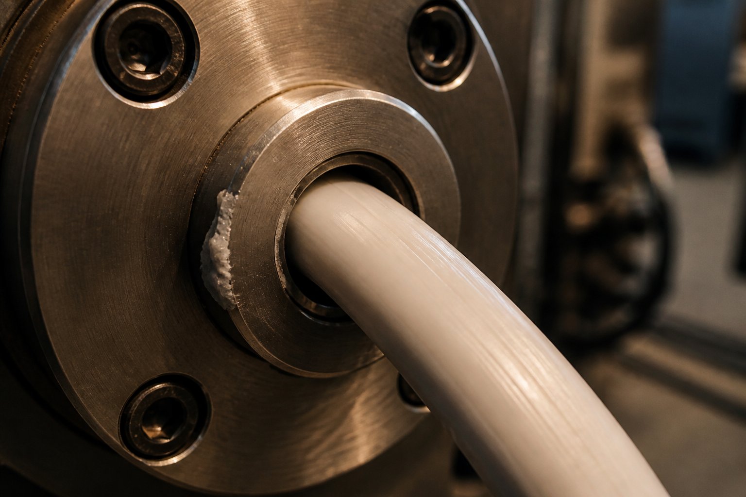 close up of a twin screw extruder die exit illustrating common output issues like die drool and surface irregularity