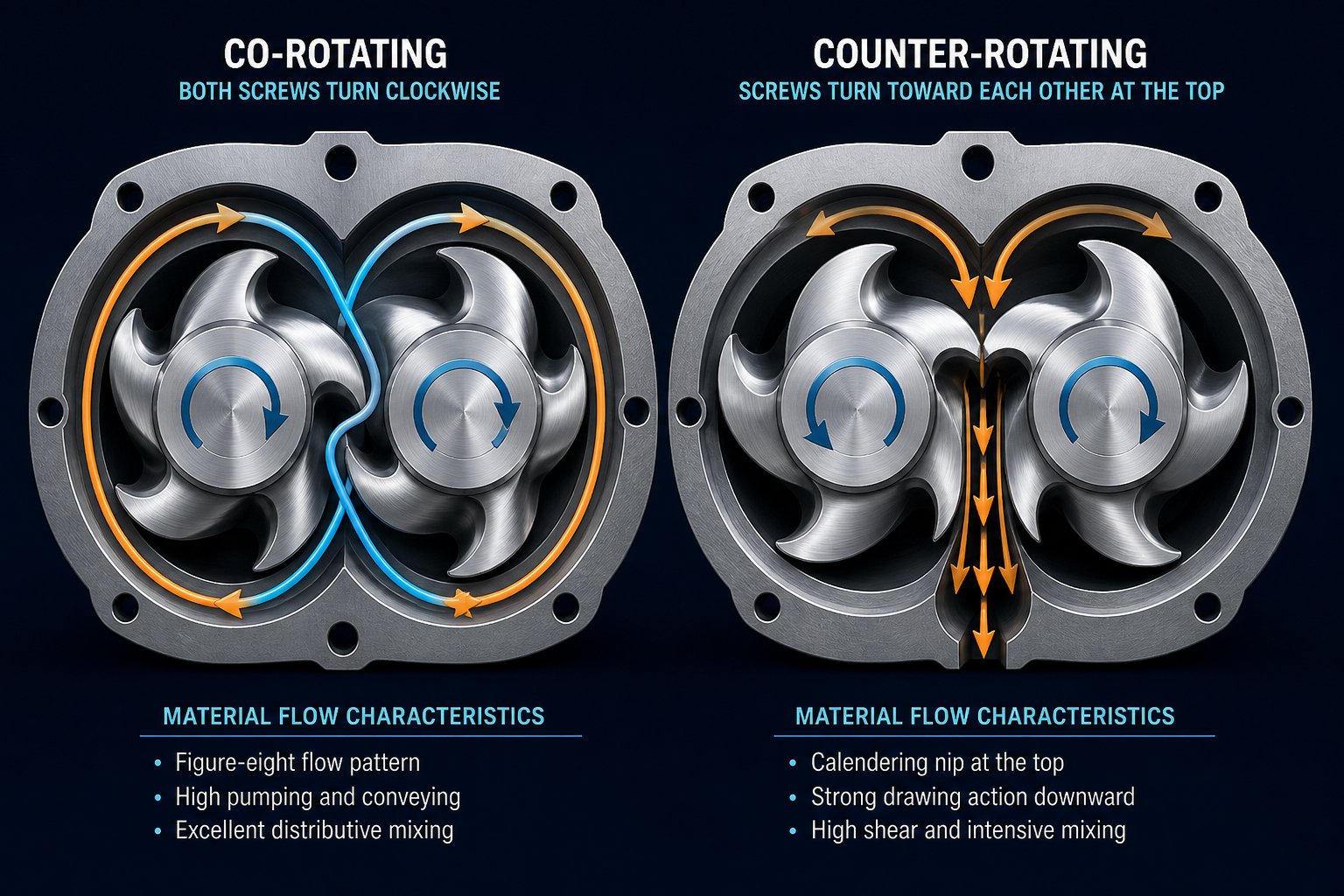 cross section comparison of co rotating and counter rotating twin screw flow patterns and rotation directions