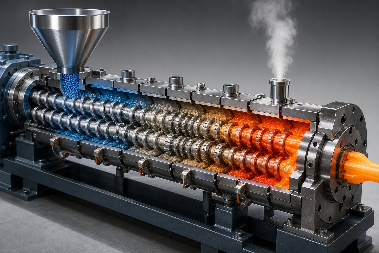 cutaway view of a twin screw extruder showing intermeshing screws modular barrel zones and material flow from feed to die
