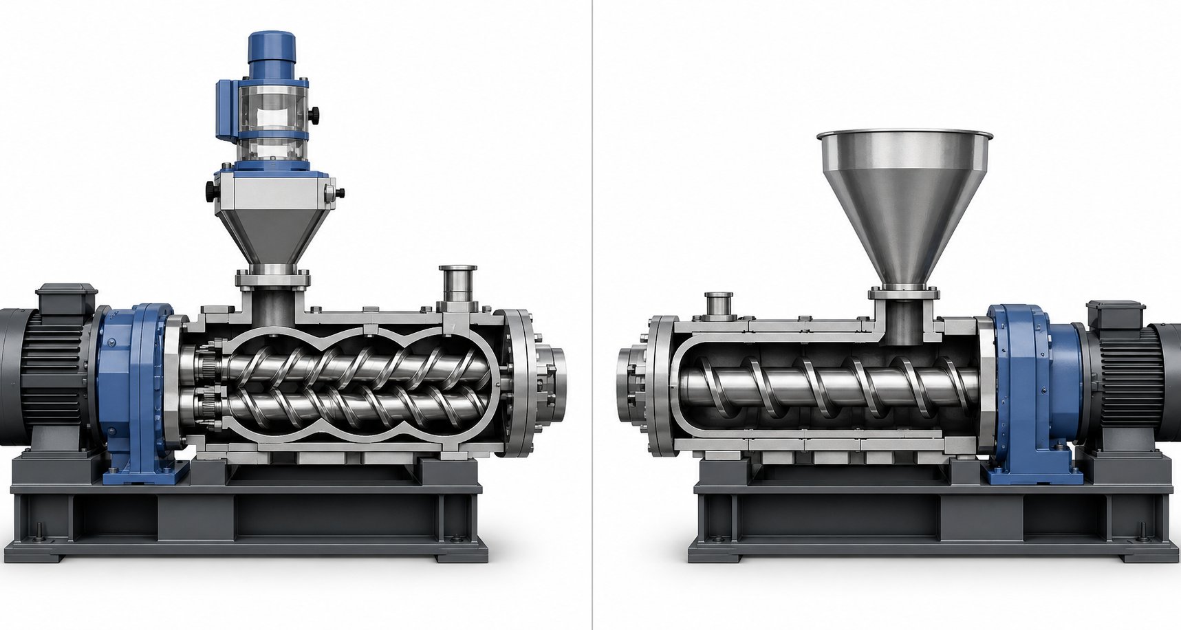 side by side layout of twin screw and single screw extruder designs highlighting structural and feeding differences