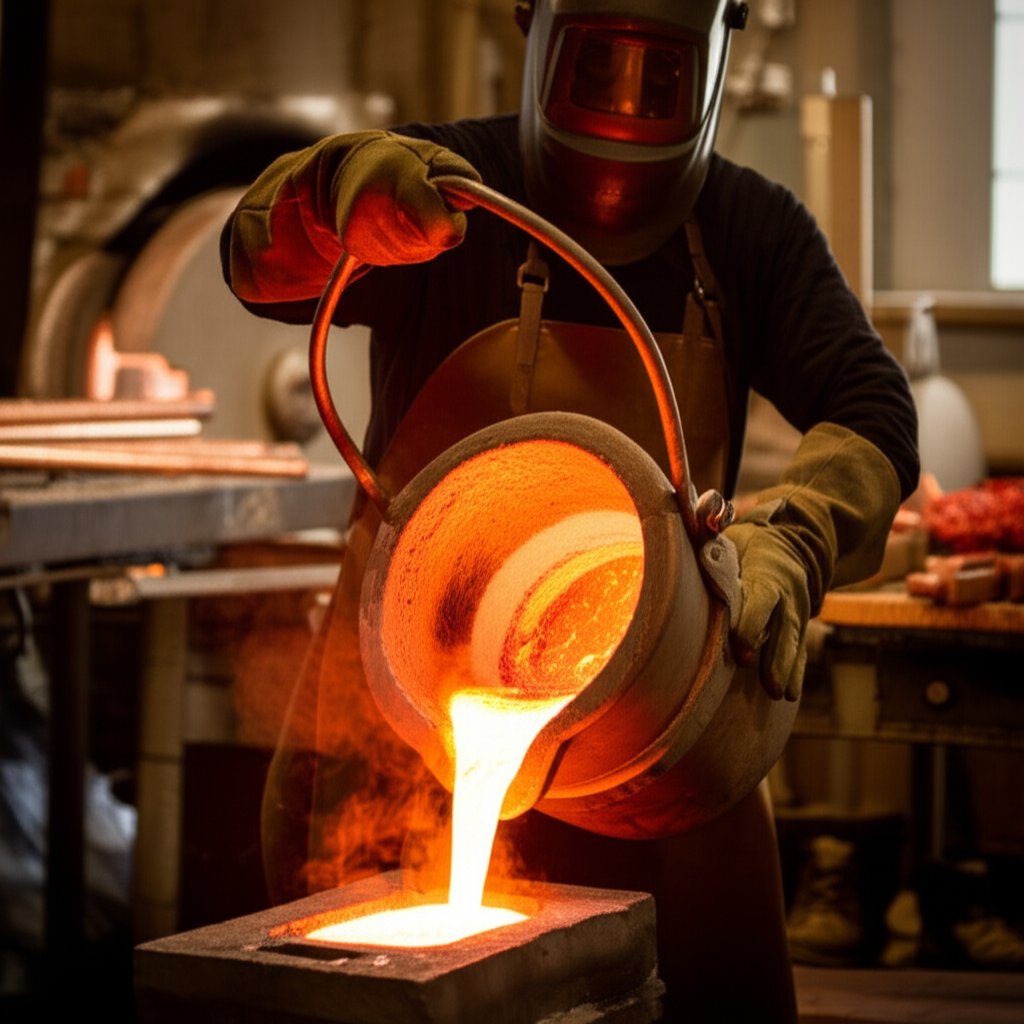 pouring molten copper into a mold with proper safety gear