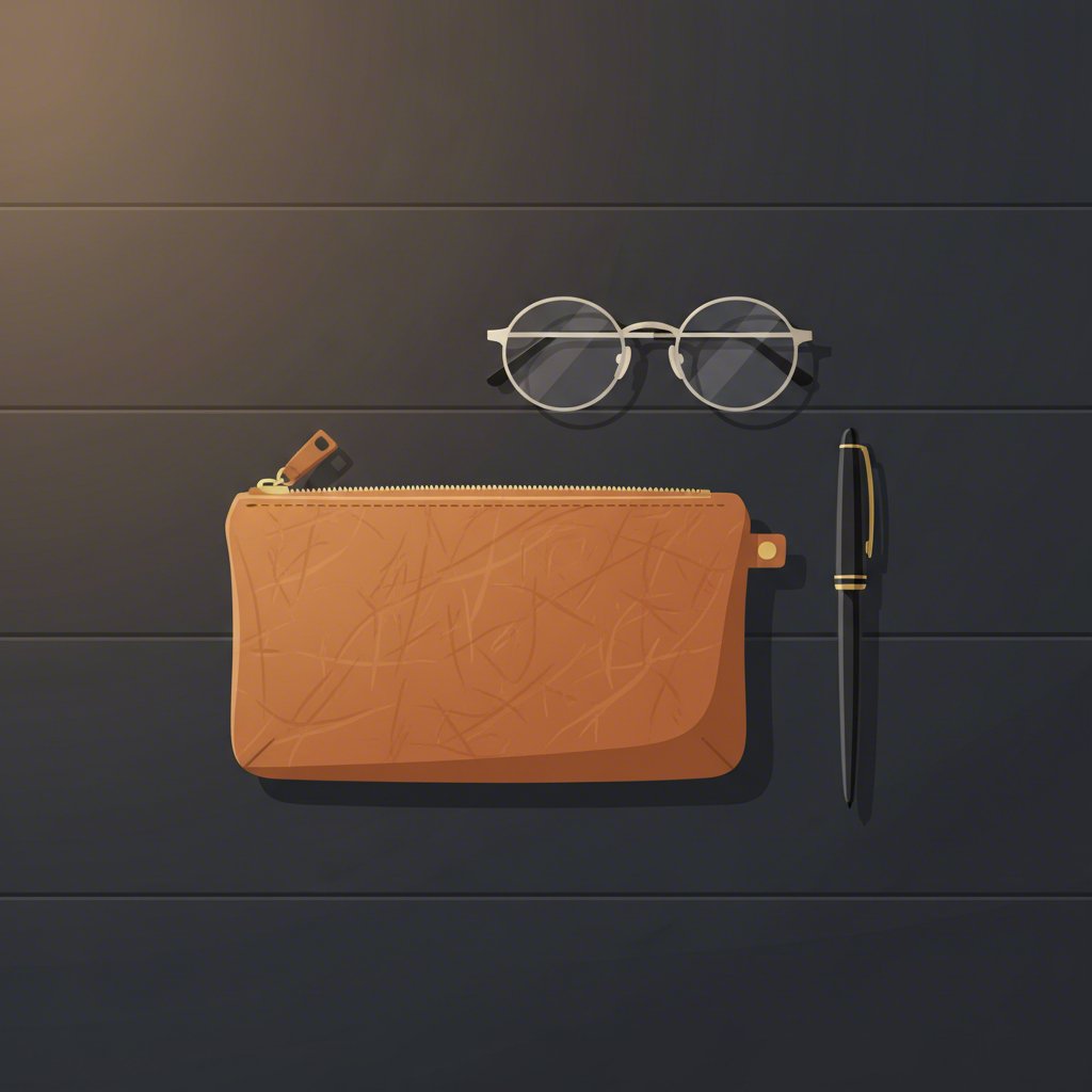 an assortment of professional desk accessories including a leather pencil case