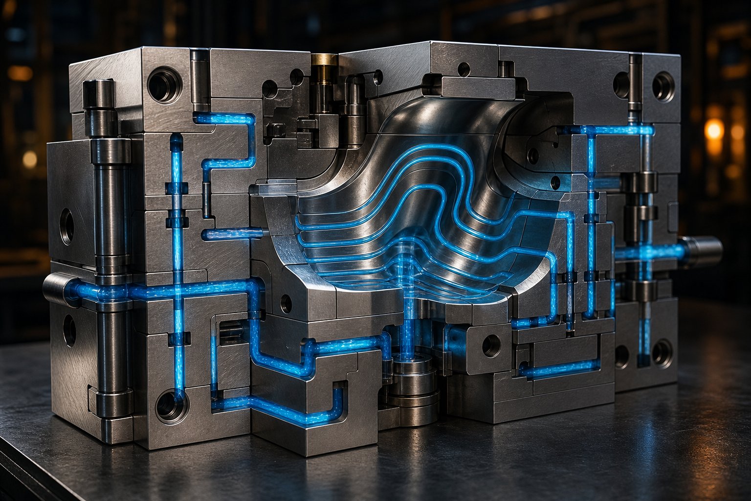 cross section of an injection mold comparing straight drilled and conformal cooling channels