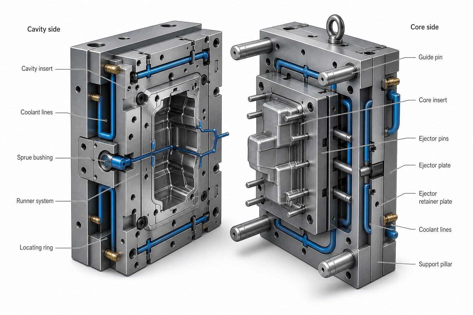 cutaway view of an injection mold revealing cavity core runner channels and ejection components