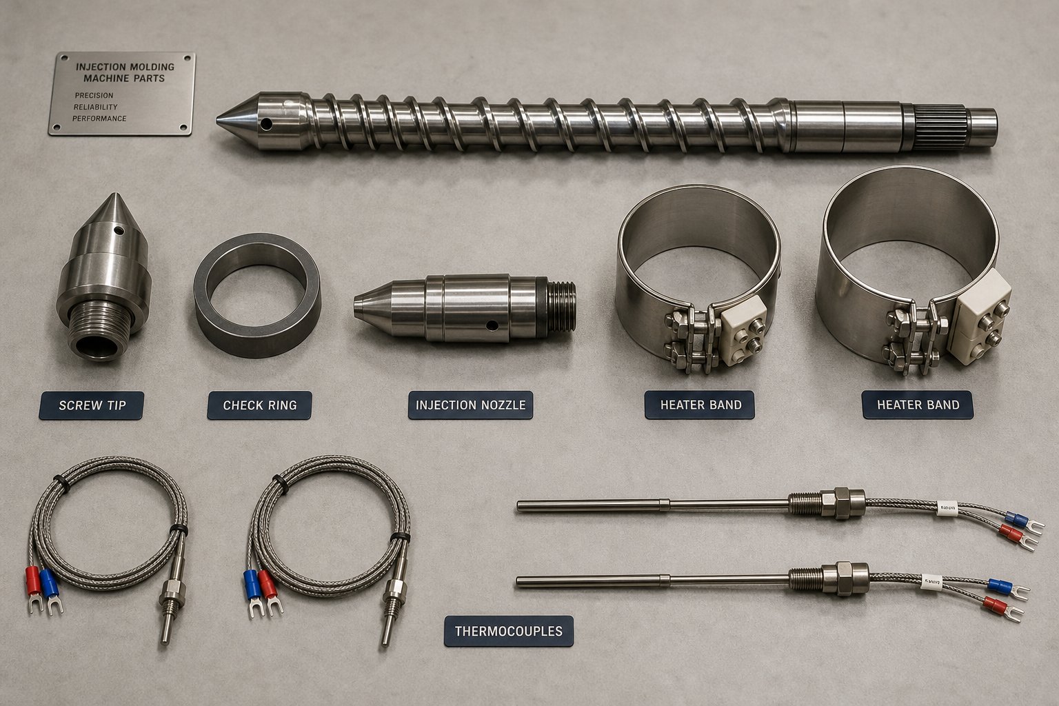 essential injection molding machine spare parts laid out for preventive maintenance and replacement