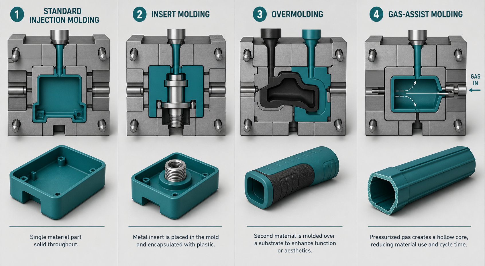 four injection molding process types %E2%80%94 standard insert overmolding and gas assist %E2%80%94 each with unique mold requirements