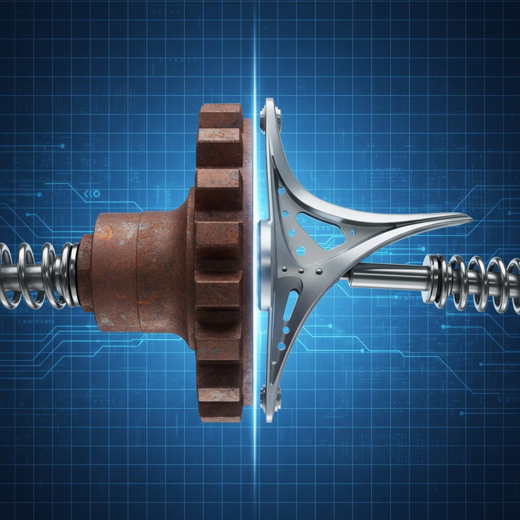 conceptual art comparing the robust nature of cast iron with the lightweight form of stamped steel for control arms