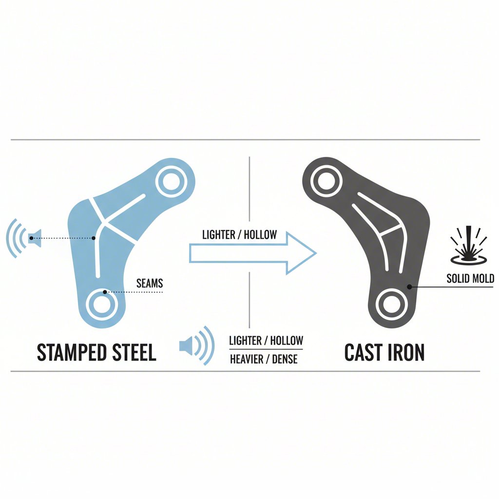 diagram illustrating the visual and sound test differences between stamped steel and cast iron control arms
