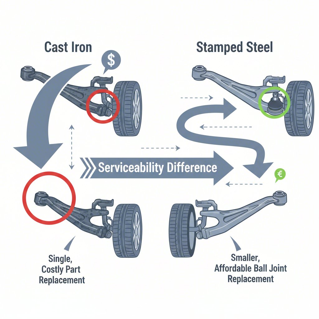 visual metaphor of the repair cost difference between replacing a full cast iron arm versus only a stamped steel ball joint