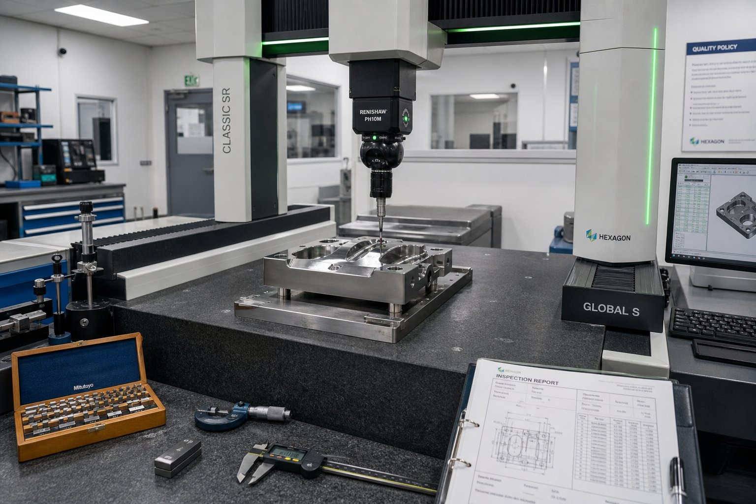 info-1-1 cmm inspection of a stamping die component verifying critical dimensions against engineering specifications