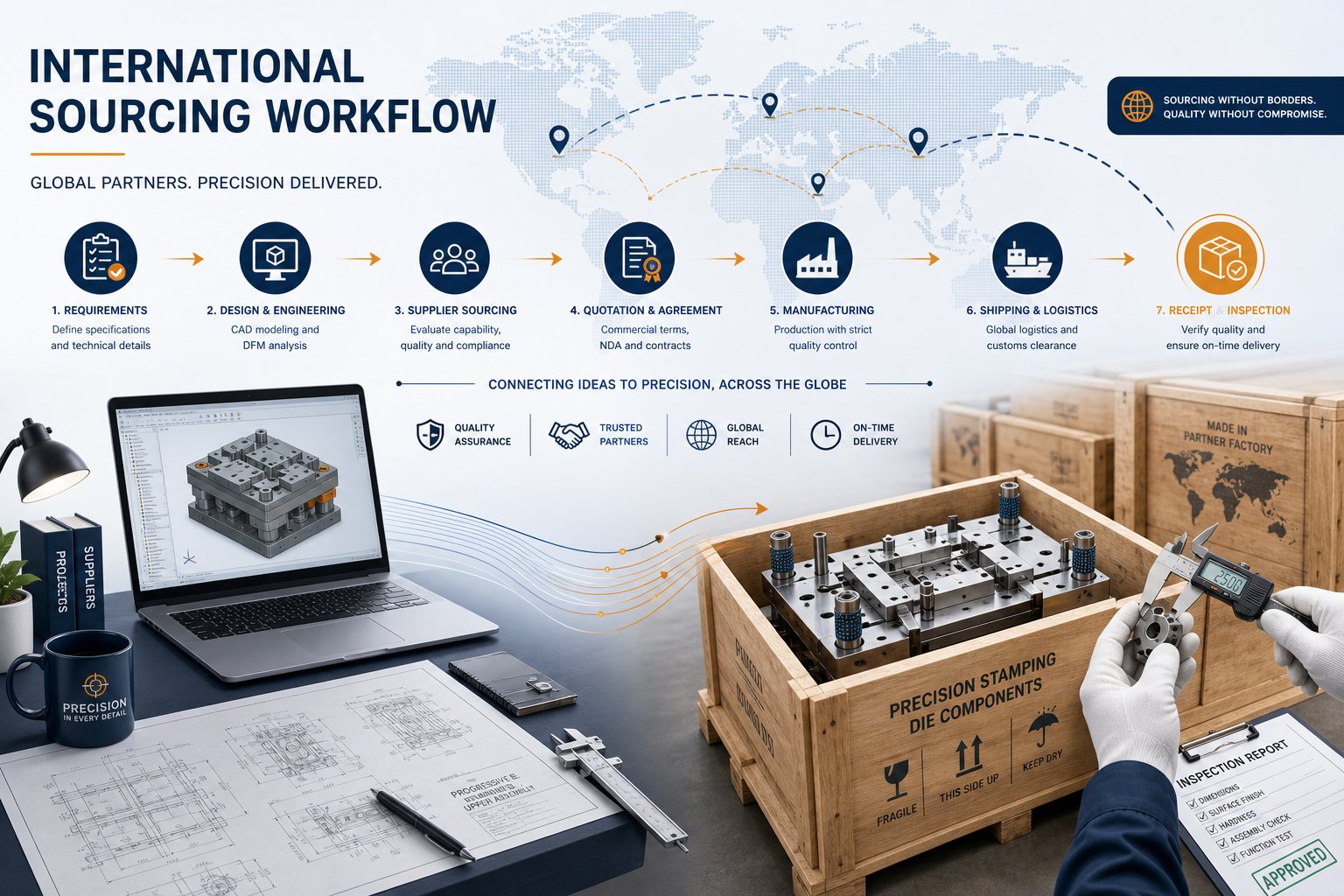 info-1-1 international sourcing workflow for stamping die parts from technical drawing submission to final inspection
