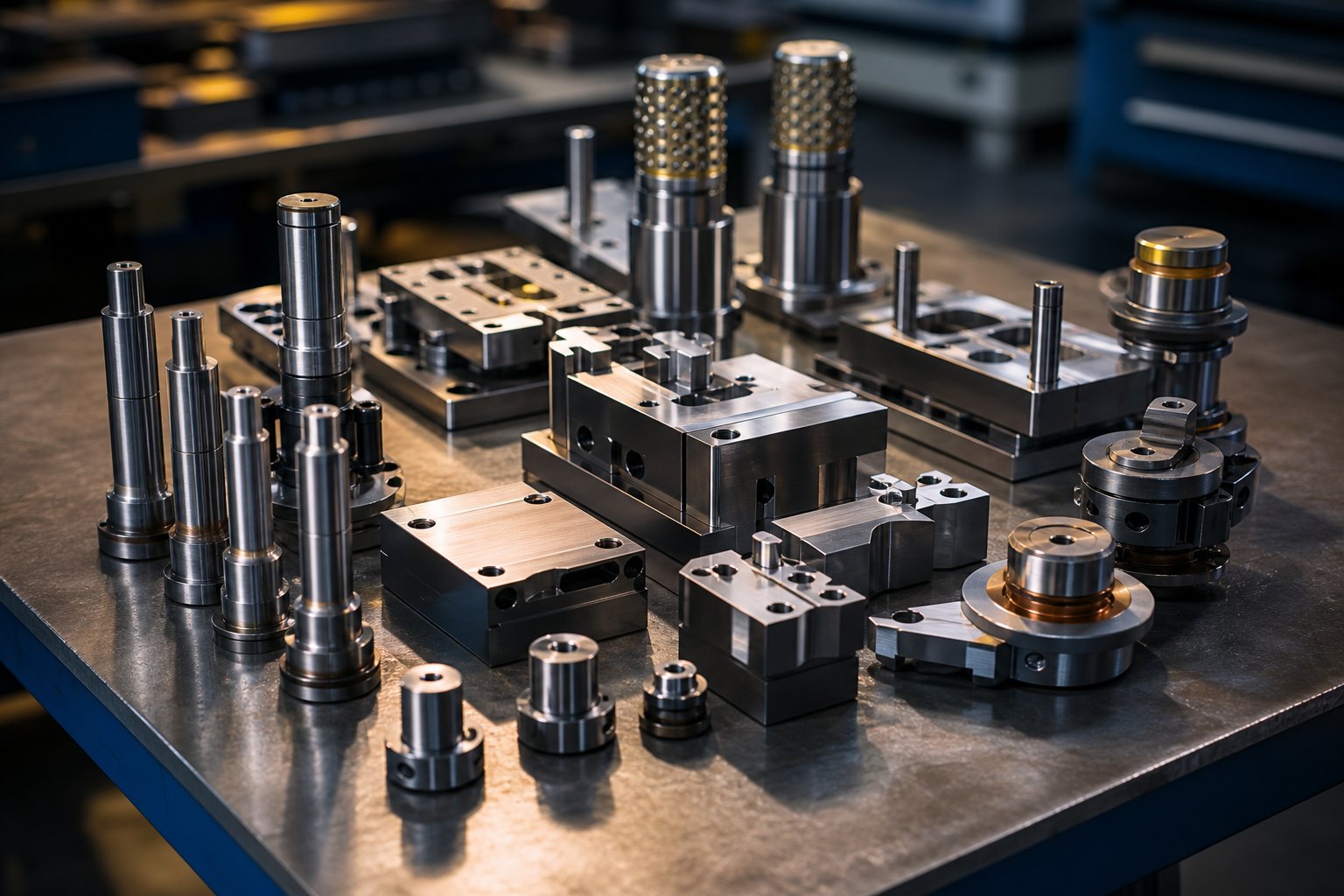 info-1-1 precision machined stamping die components including punches die blocks and guide pins ready for assembly