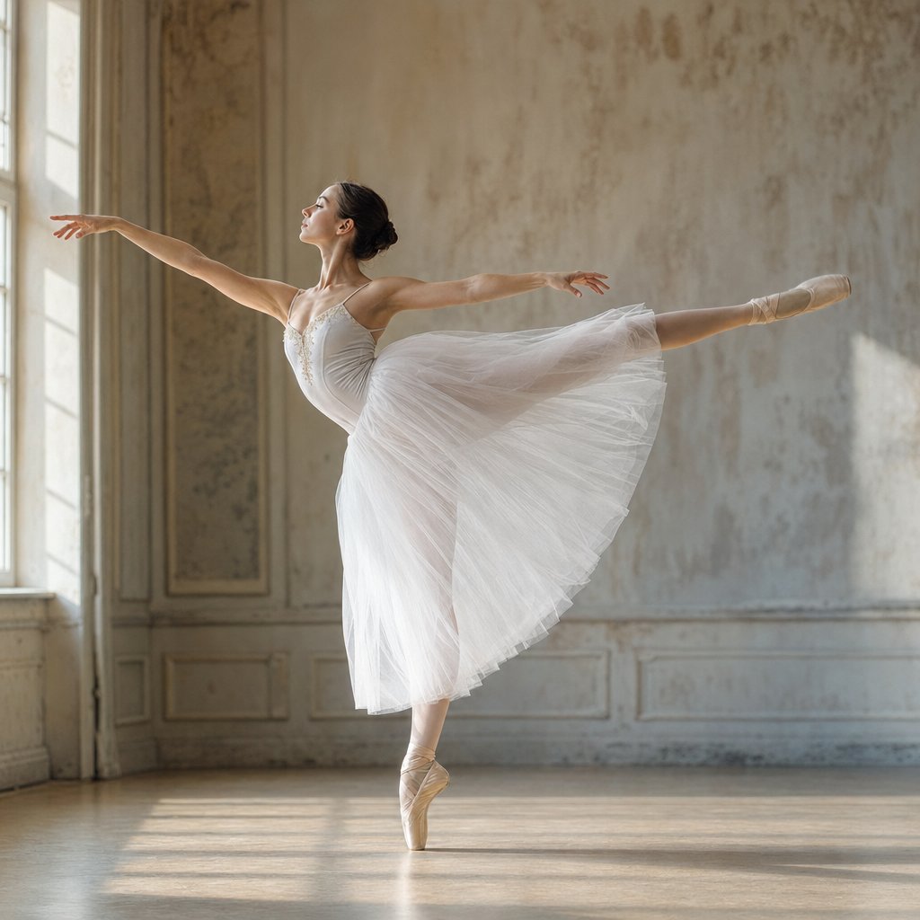 a ballet dancer holding a sustained arabesque illustrating the slow controlled movement that defines adagio in dance