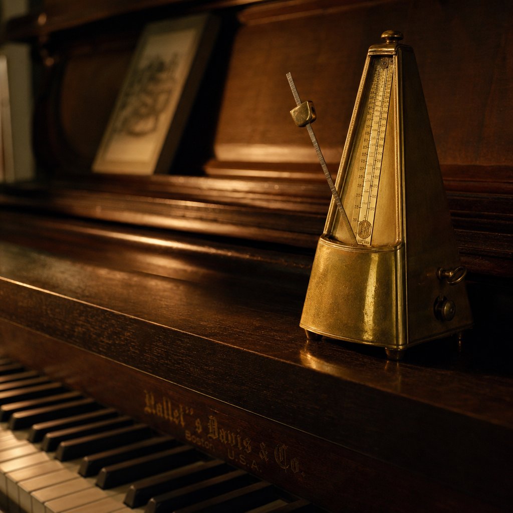 a metronome on a piano representing how adagio tempo translates to approximately 66 76 beats per minute