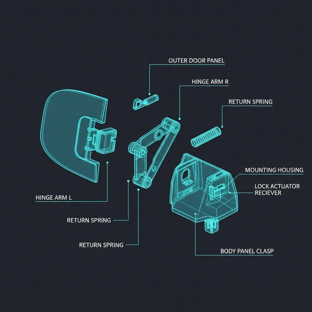 Exploded view of a complete fuel filler door assembly showing hinge and housing integration