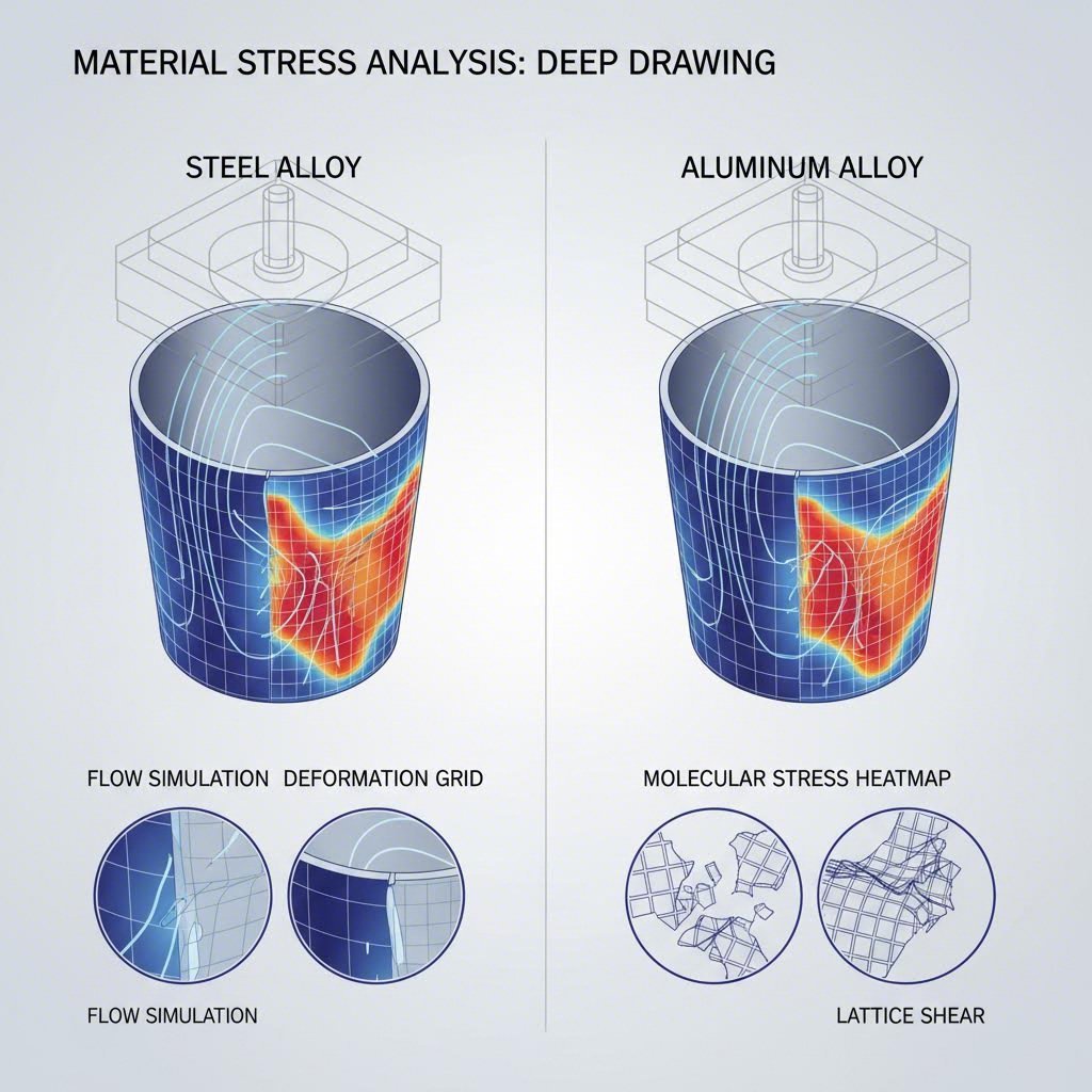 Material flow and stress analysis in deep drawing automotive fuel bowls