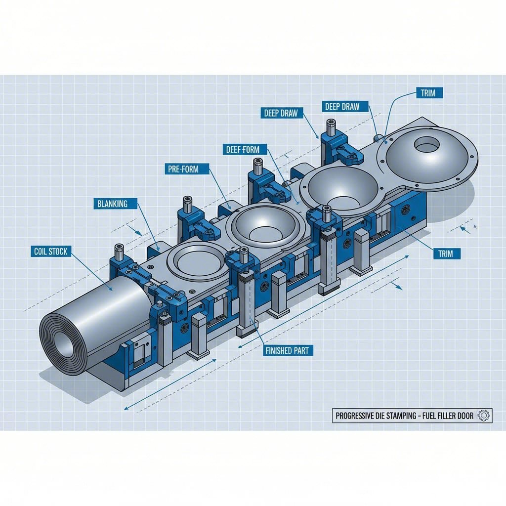 Progressive die stamping strip showing the transformation from metal coil to fuel door assembly