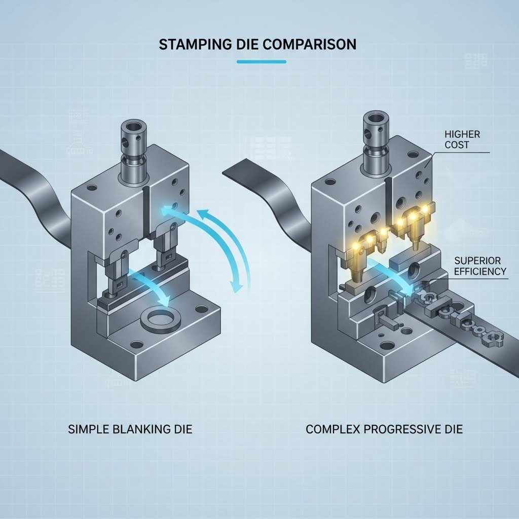 Comparison of simple vs progressive stamping dies illustrating complexity and investment differences