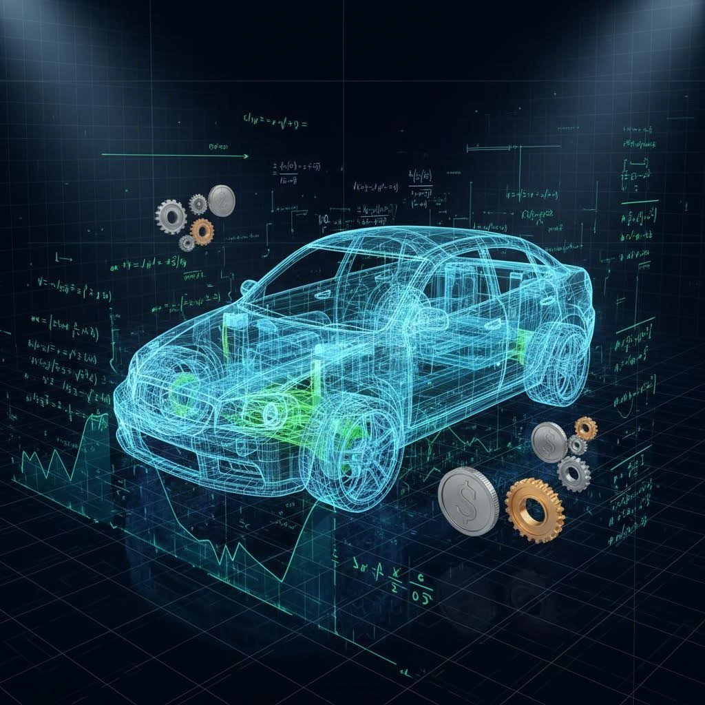 Digital blueprint visualization of automotive stamping cost factors including tooling and material data