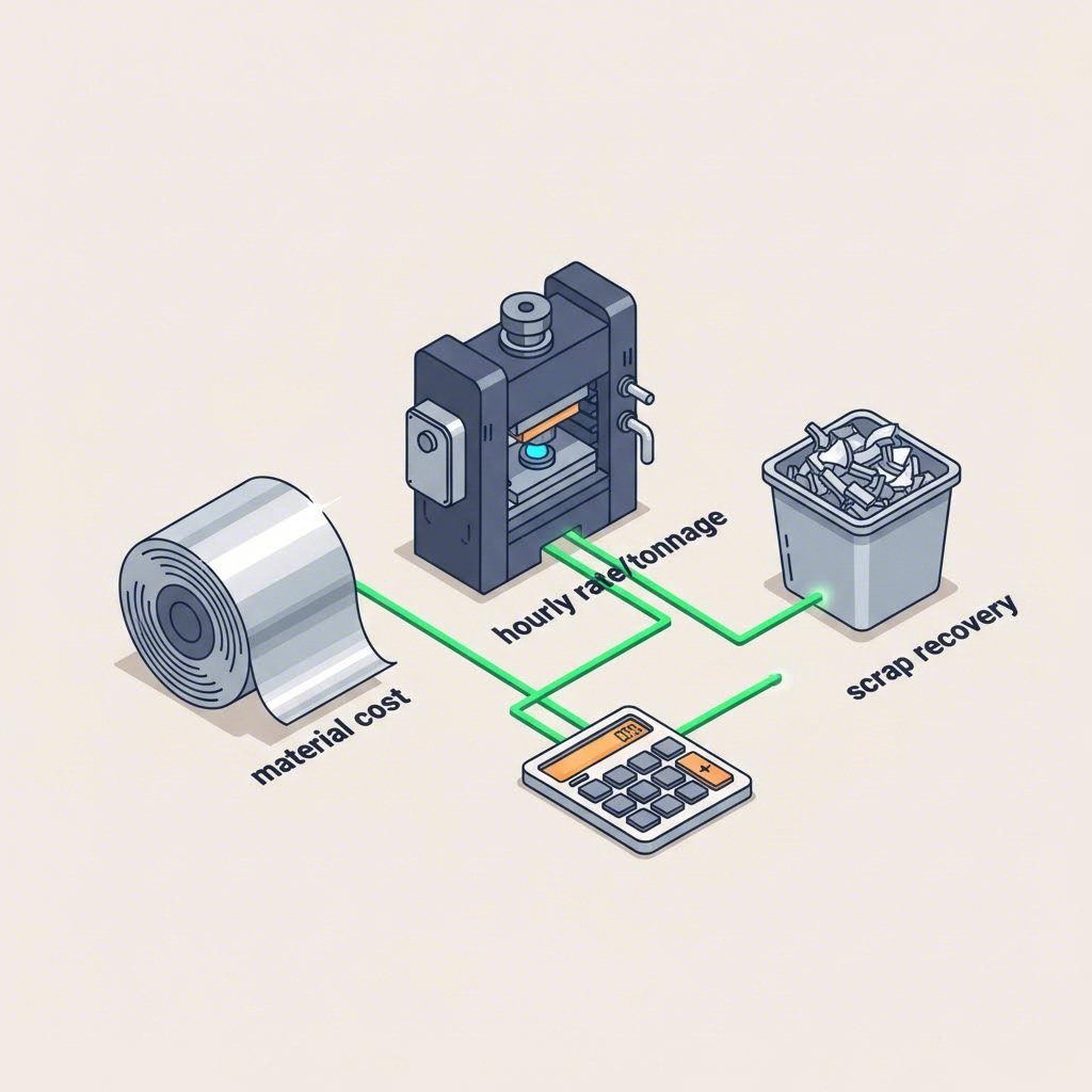 Isometric view of stamping production line highlighting material inputs and machine hourly rates