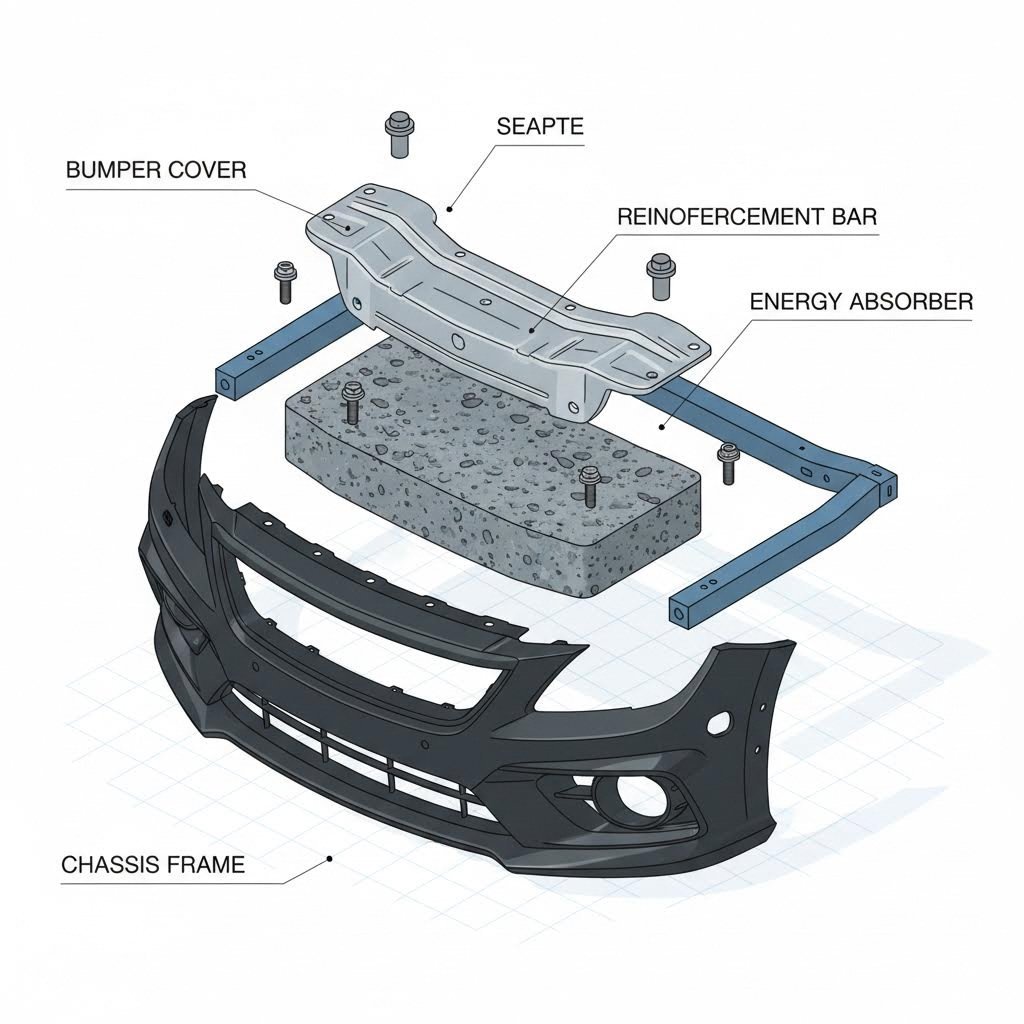 Exploded view showing the stamped reinforcement bar behind the bumper cover