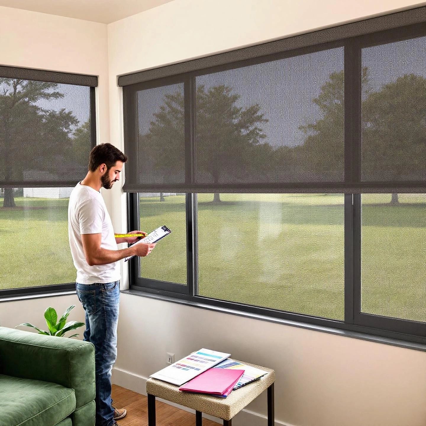 homeowner preparing measurements and options before choosing a pleated screen