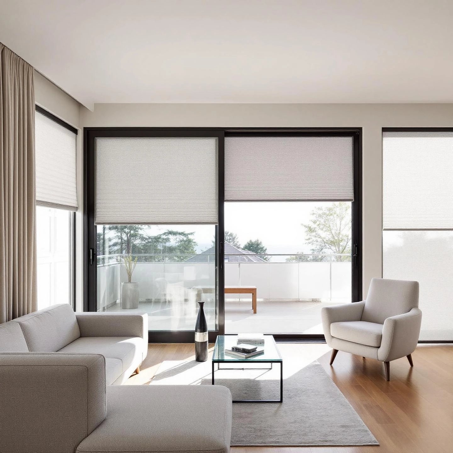 pleated screens blending into a stylish living space offering clear views and modern aesthetics